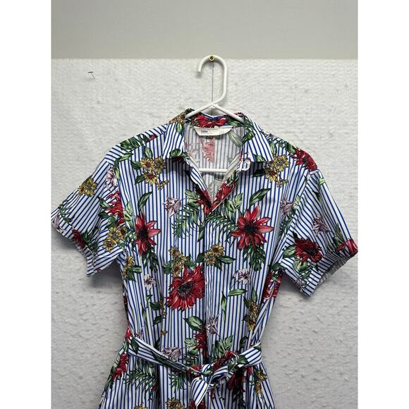 Zara Z1975 Denim Women Floral Shirt Dress Belt Short Sleeve Poplin S Resort - Picture 6 of 10